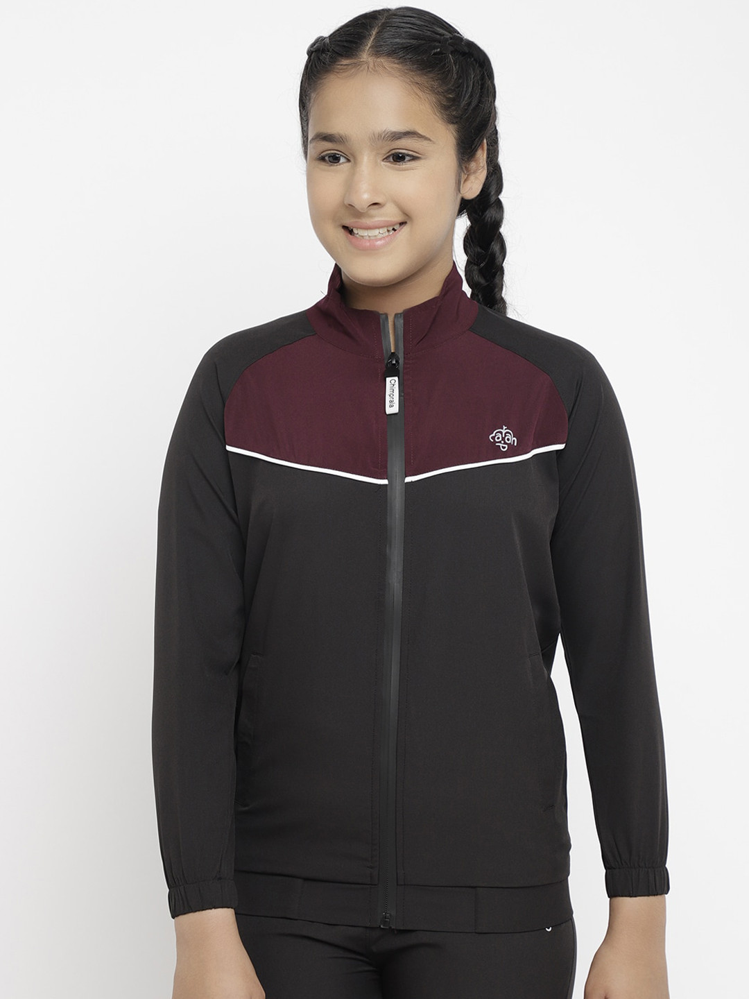 CHIMPRALA Girls Black & Maroon Colourblocked Water Resistant Crop Sporty Jacket