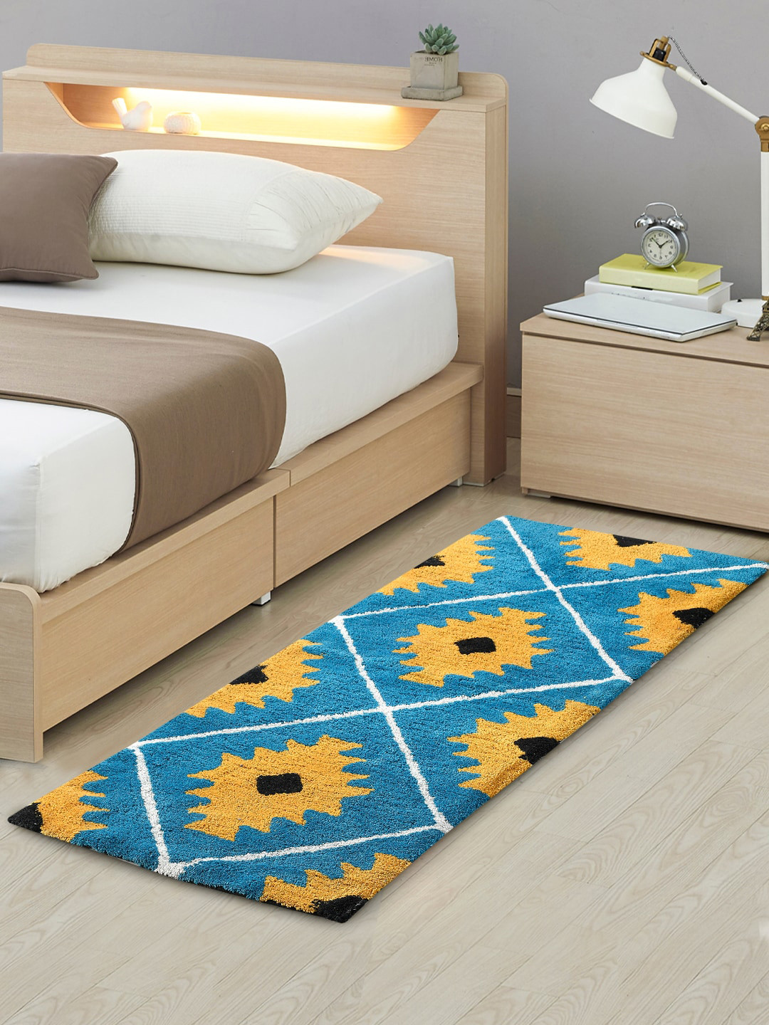 AAZEEM Blue & Yellow Geometric Hand-Tufted Floor Runner Rug