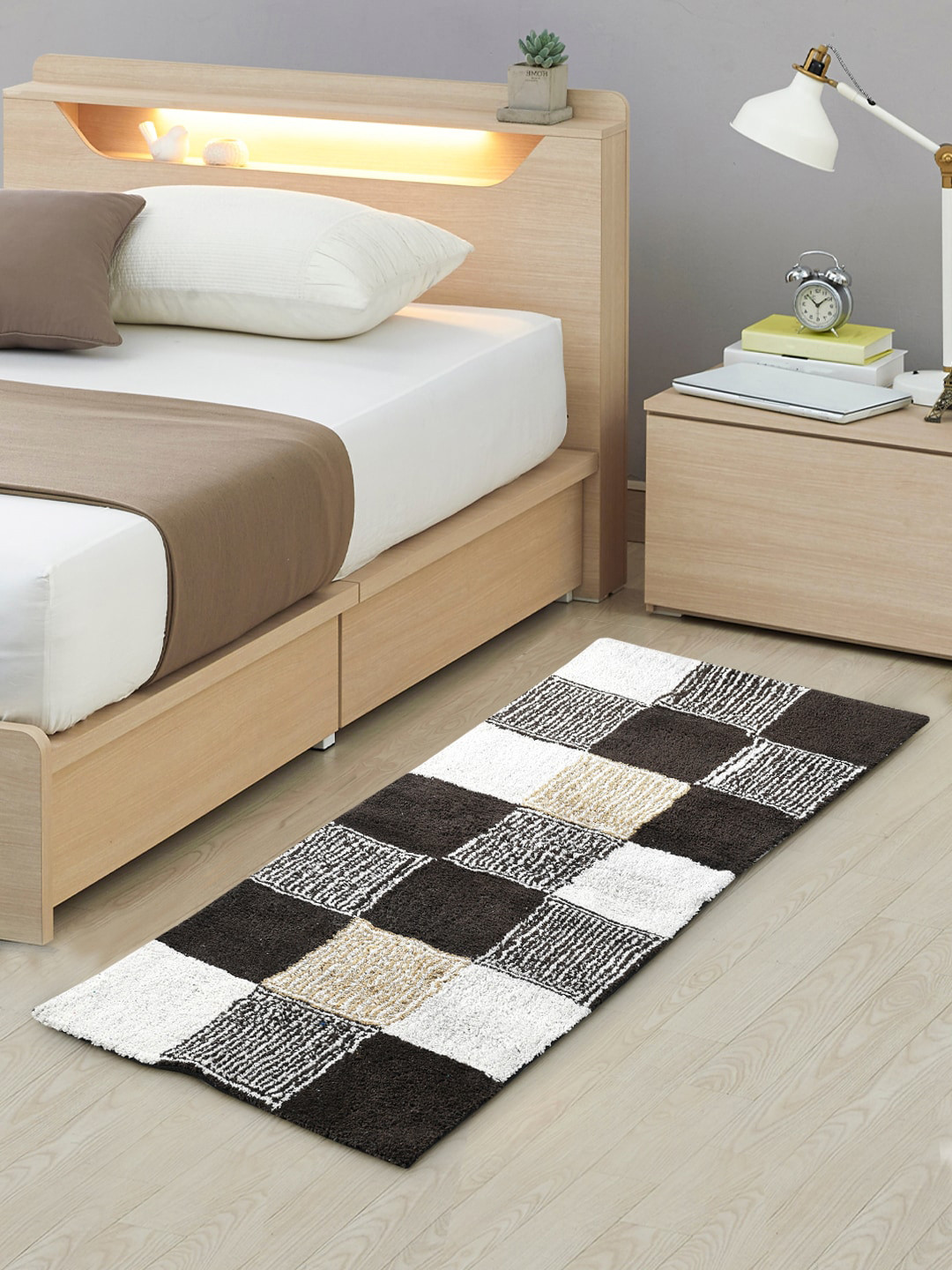 AAZEEM Brown & Grey Checked Cotton Runner Rug