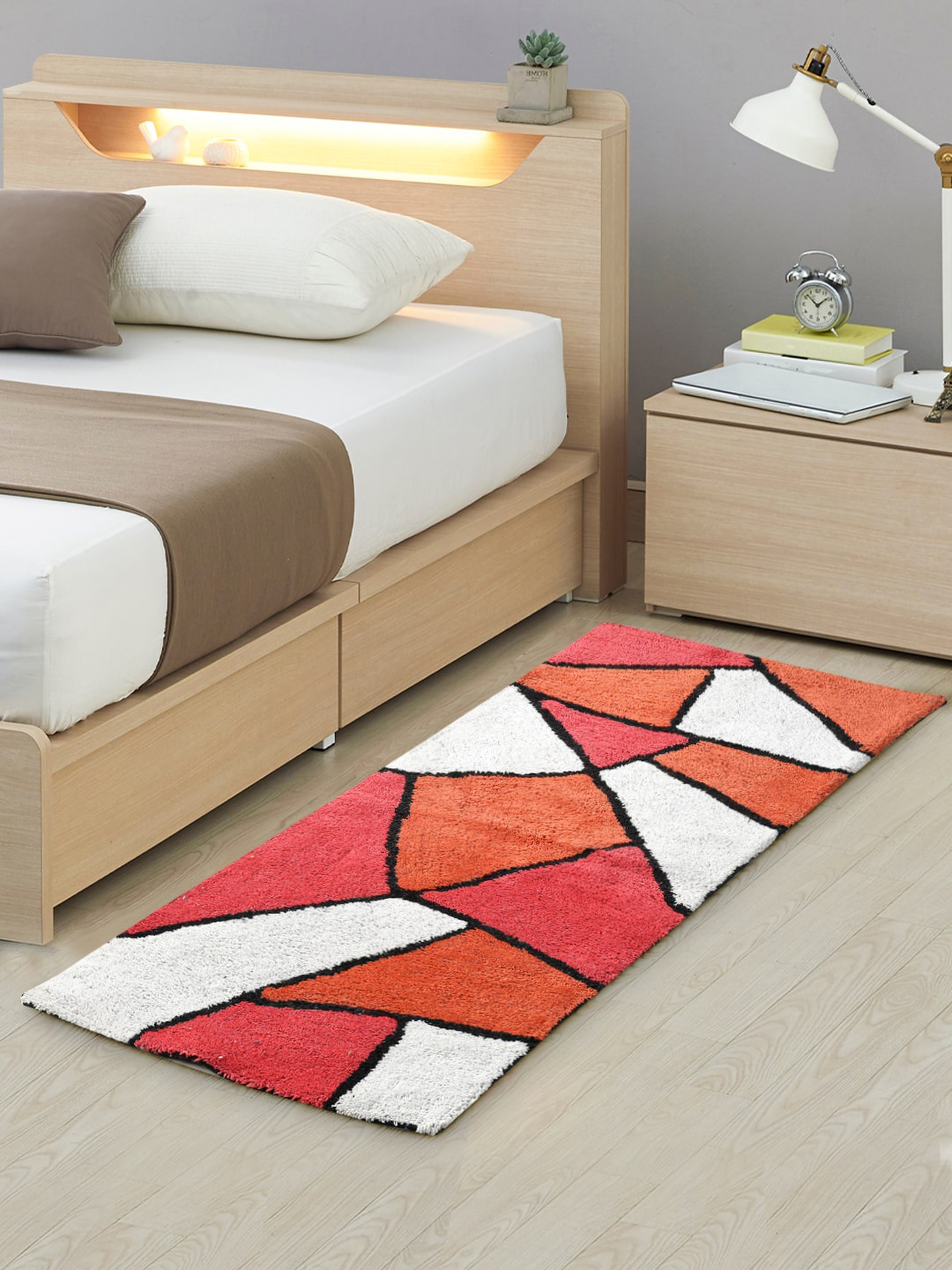 AAZEEM Orange & White Geometric Cotton Runner Rug