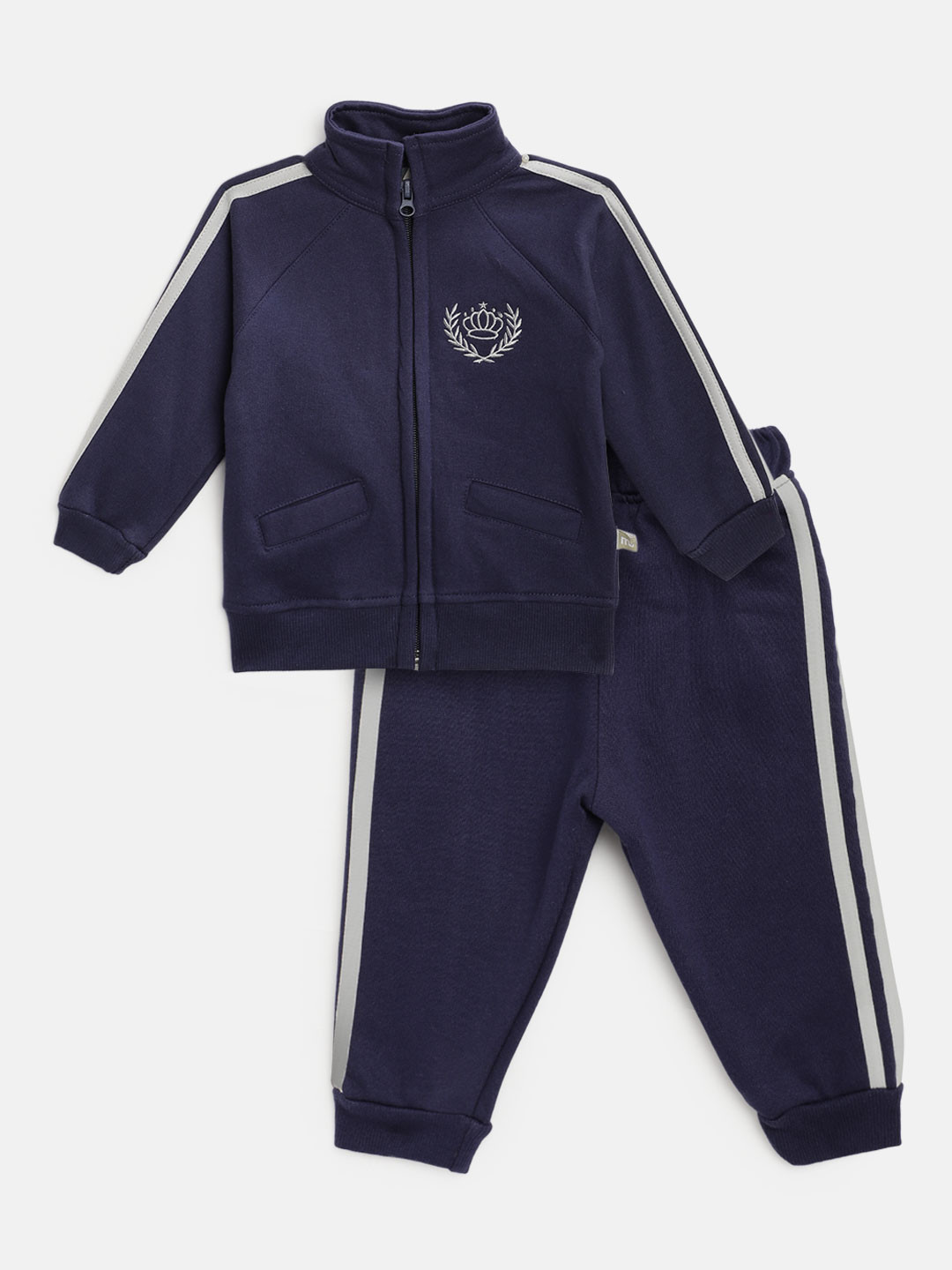 Moms Love Infant Girls Navy Blue & Grey Solid Cotton Track Suit with Embroidered Detail