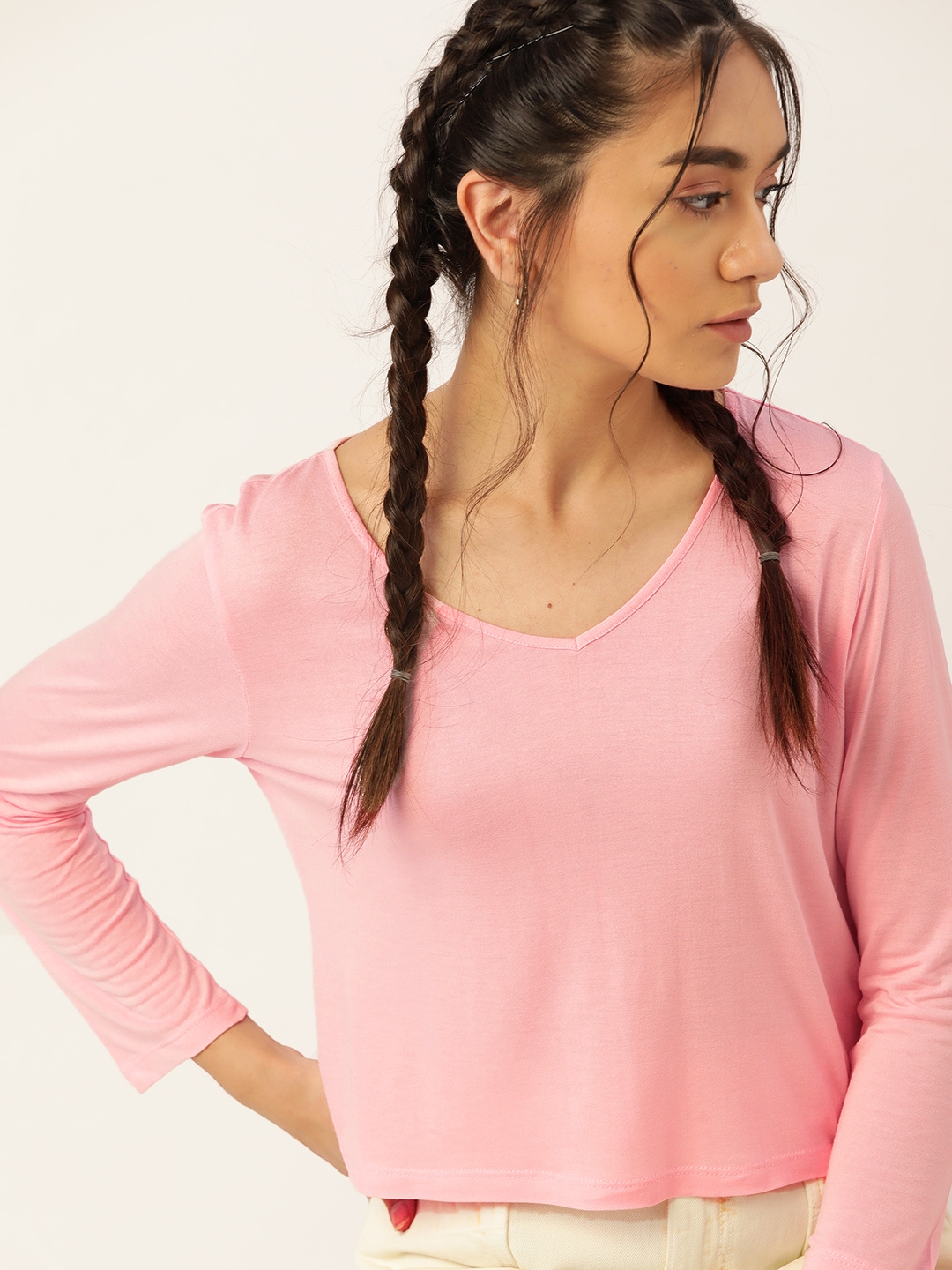 DressBerry Women Pink Solid V Neck T shirt