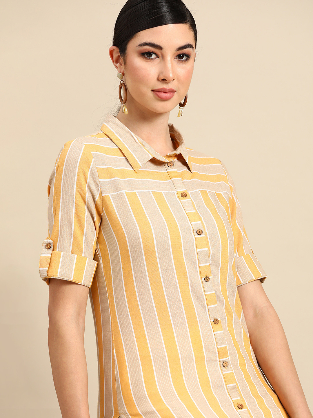 Anouk Women Yellow & Beige Striped Yarn Dyed Kurta