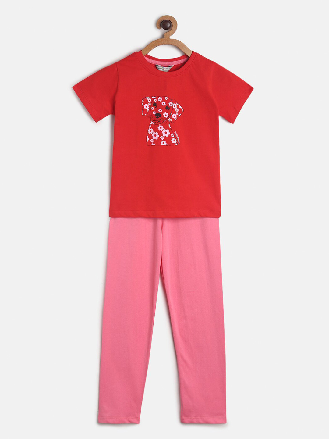 TALES & STORIES Girls Red & Pink Printed Cotton Night Suit