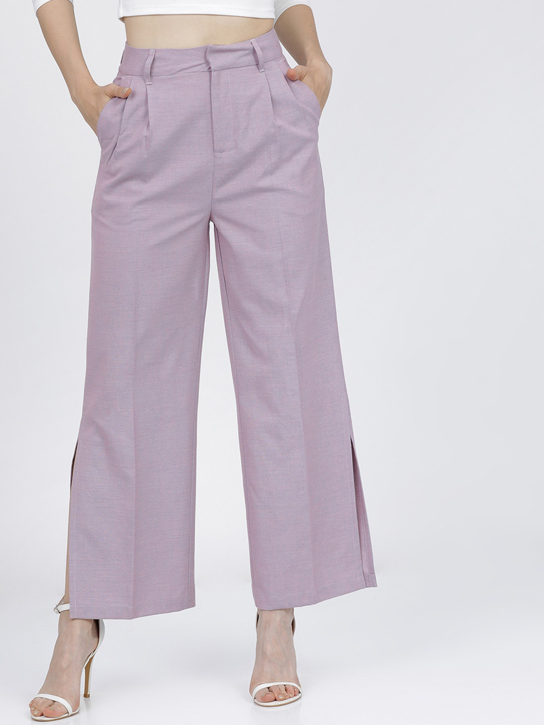 Tokyo Talkies Women Mauve Straight Fit Pleated Wide Leg Parallel Trousers