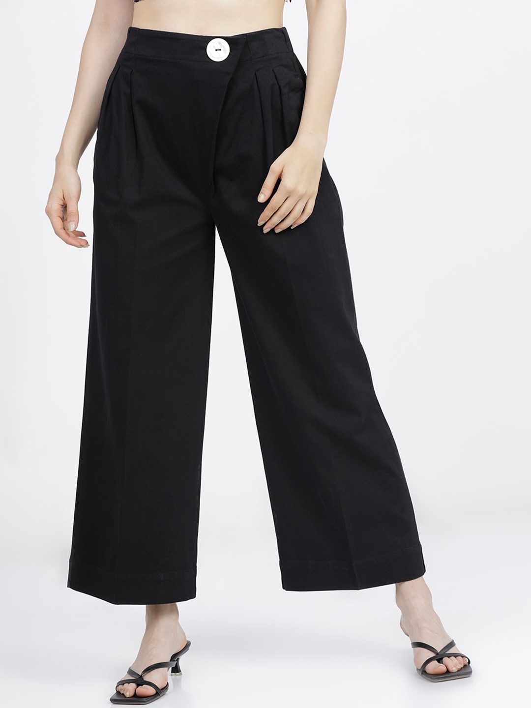 Tokyo Talkies Women Black High-Rise Pleated Parallel Trousers