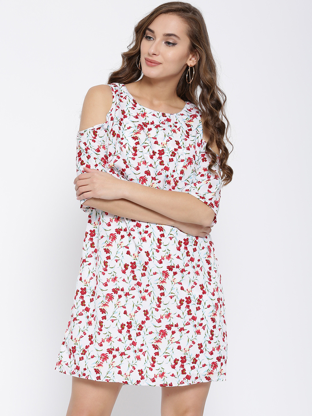 Sera Women Off-White & Red Floral Print Cold Shoulder Shift Dress