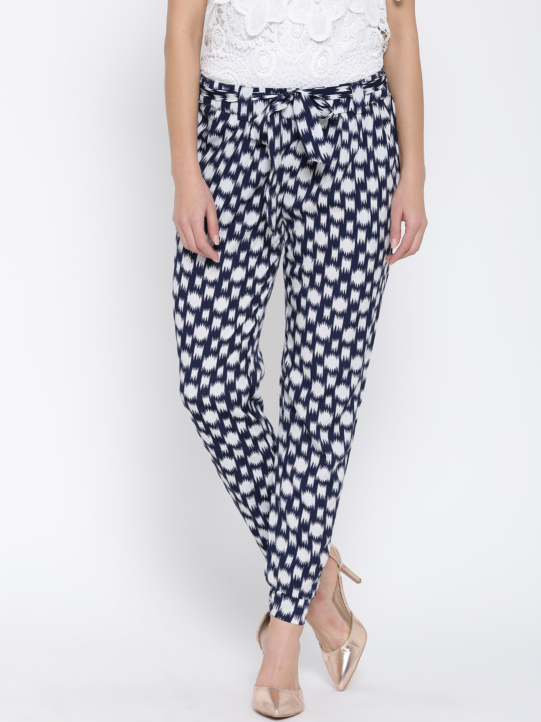 Sera Women Navy Blue Printed Pleated Trousers