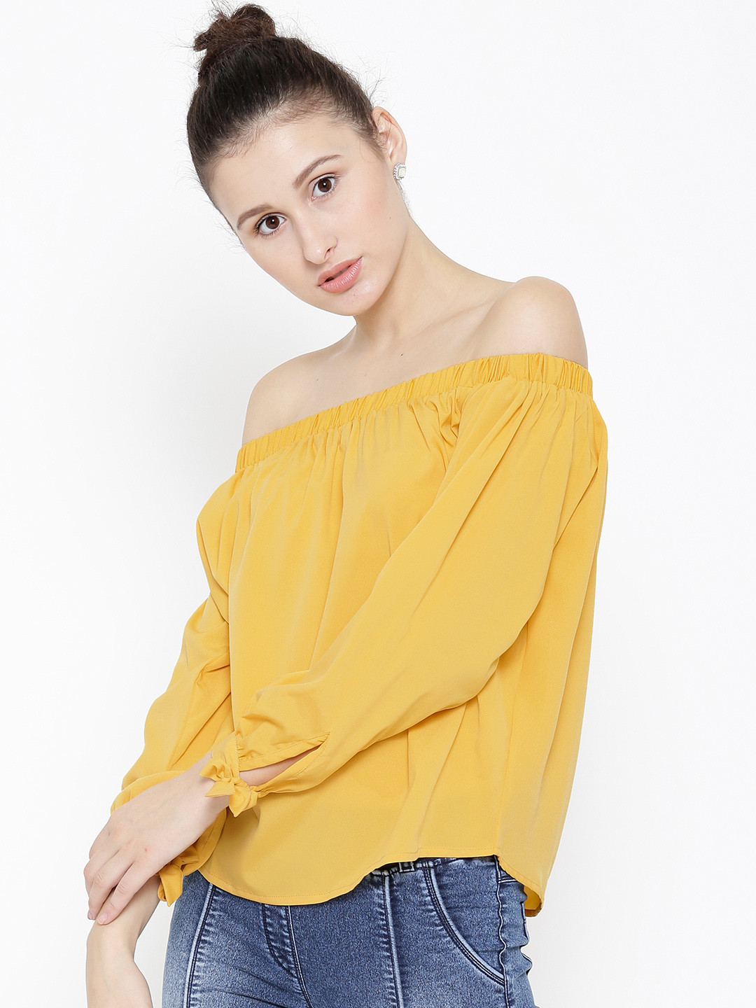 Sera Women Yellow Solid Off-Shoulder Top