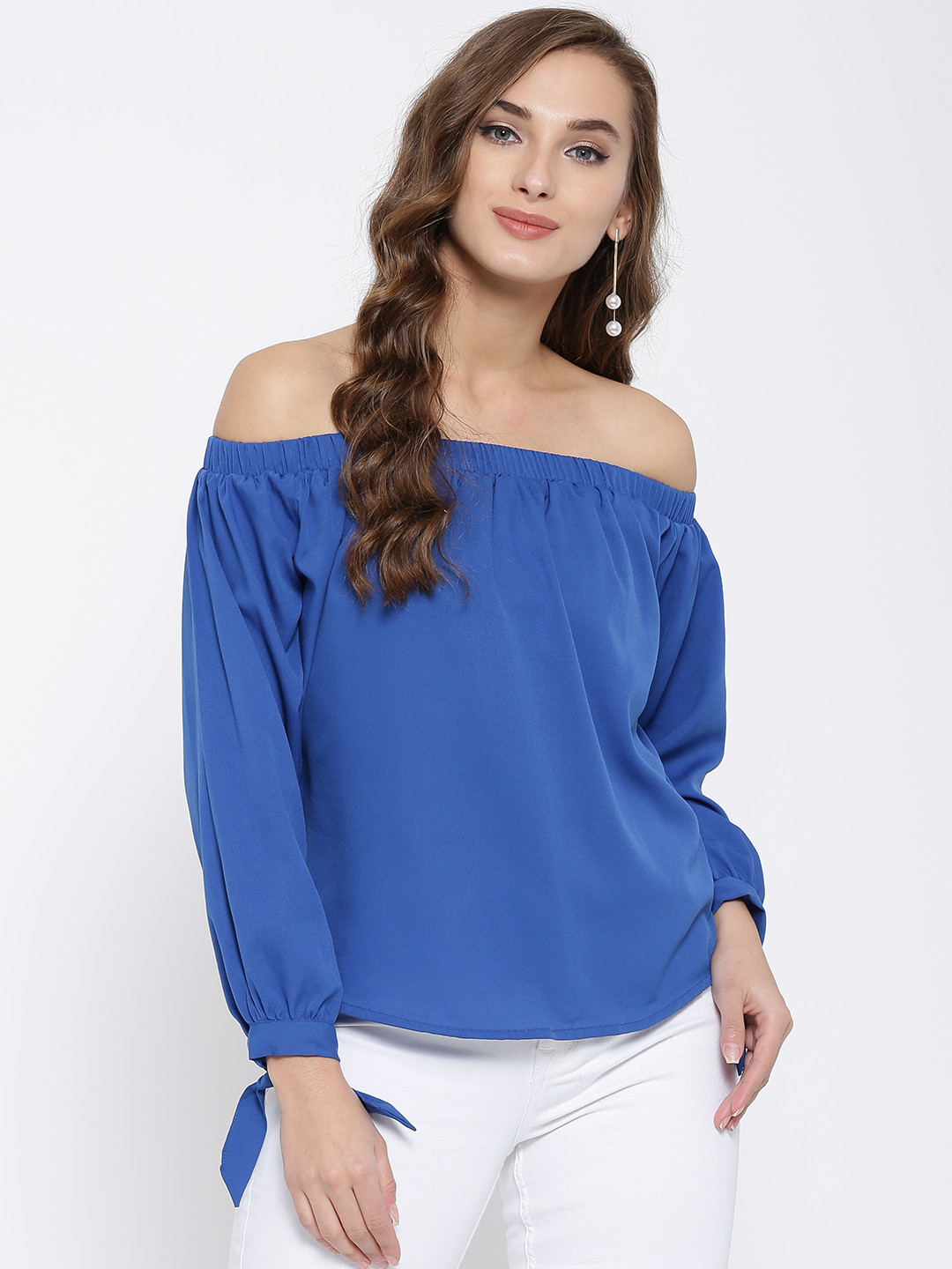 Sera Women Blue Solid Off-Shoulder Top