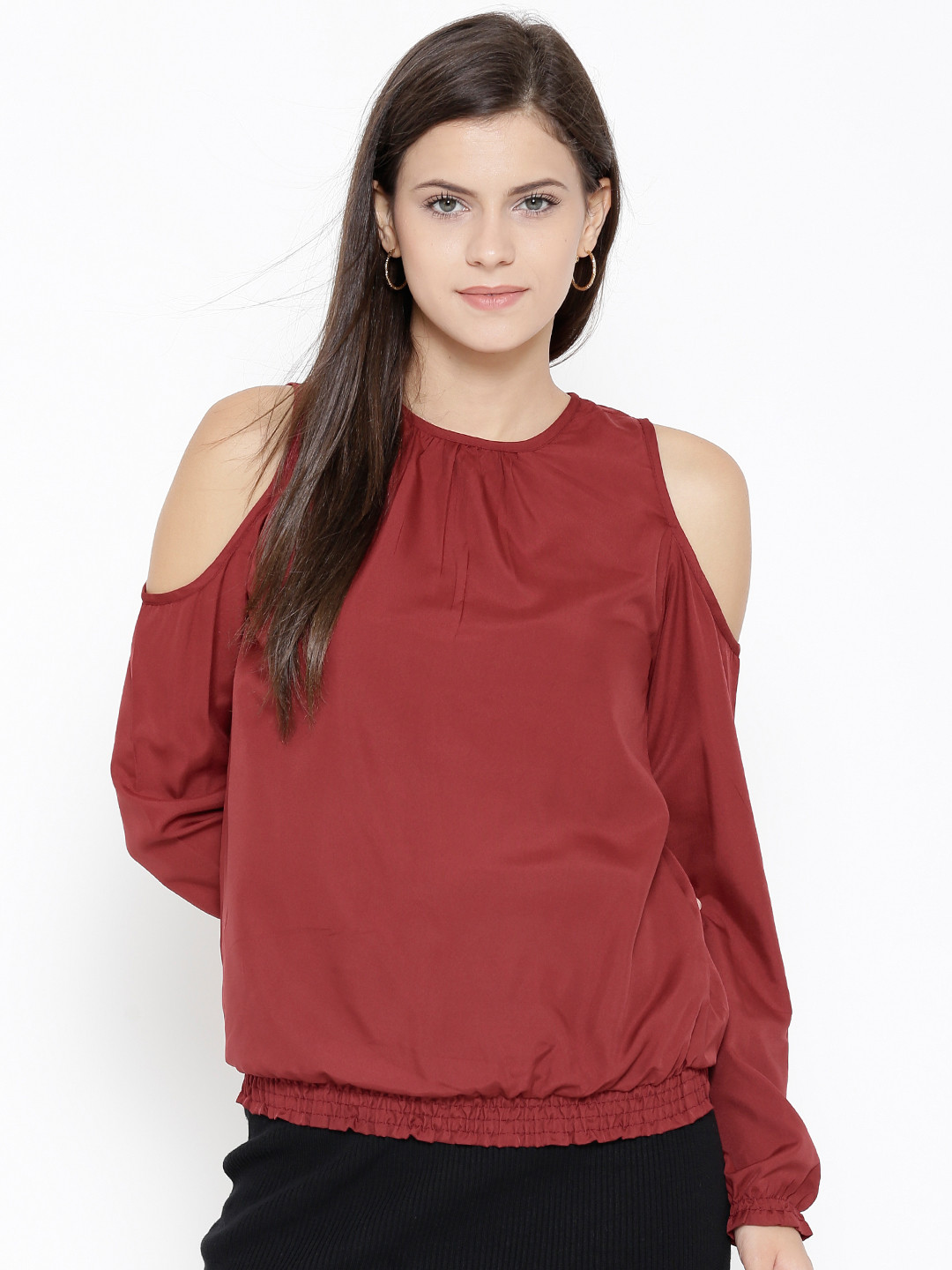 Sera Women Maroon Solid Cold Shoulder Top