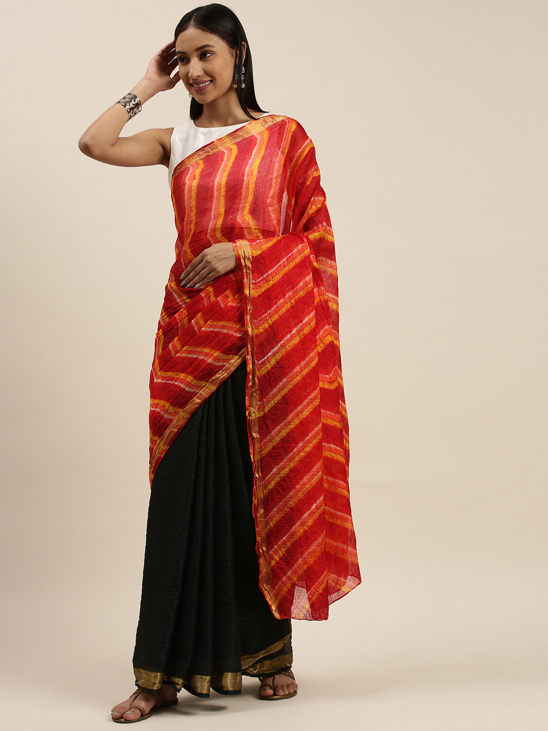 Geroo Jaipur Black & Red Leheriya Silk Blend Half and Half Leheriya Saree