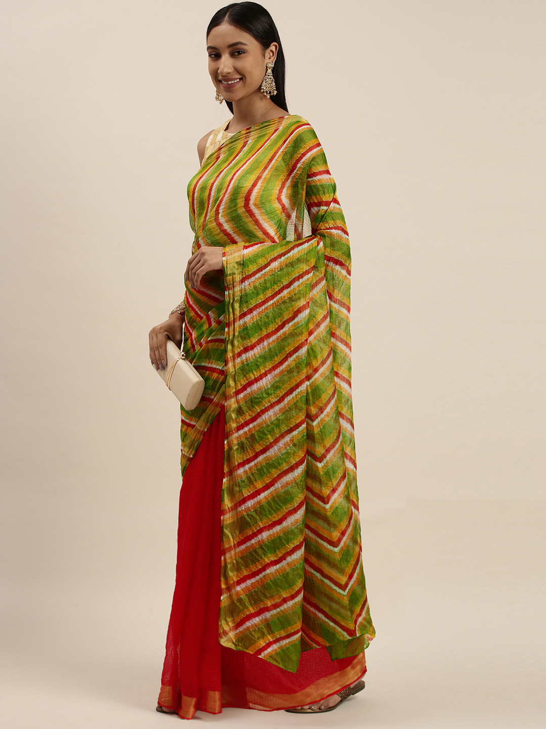 Geroo Jaipur Red & Green Leheriya Silk Blend Half and Half Leheriya Saree