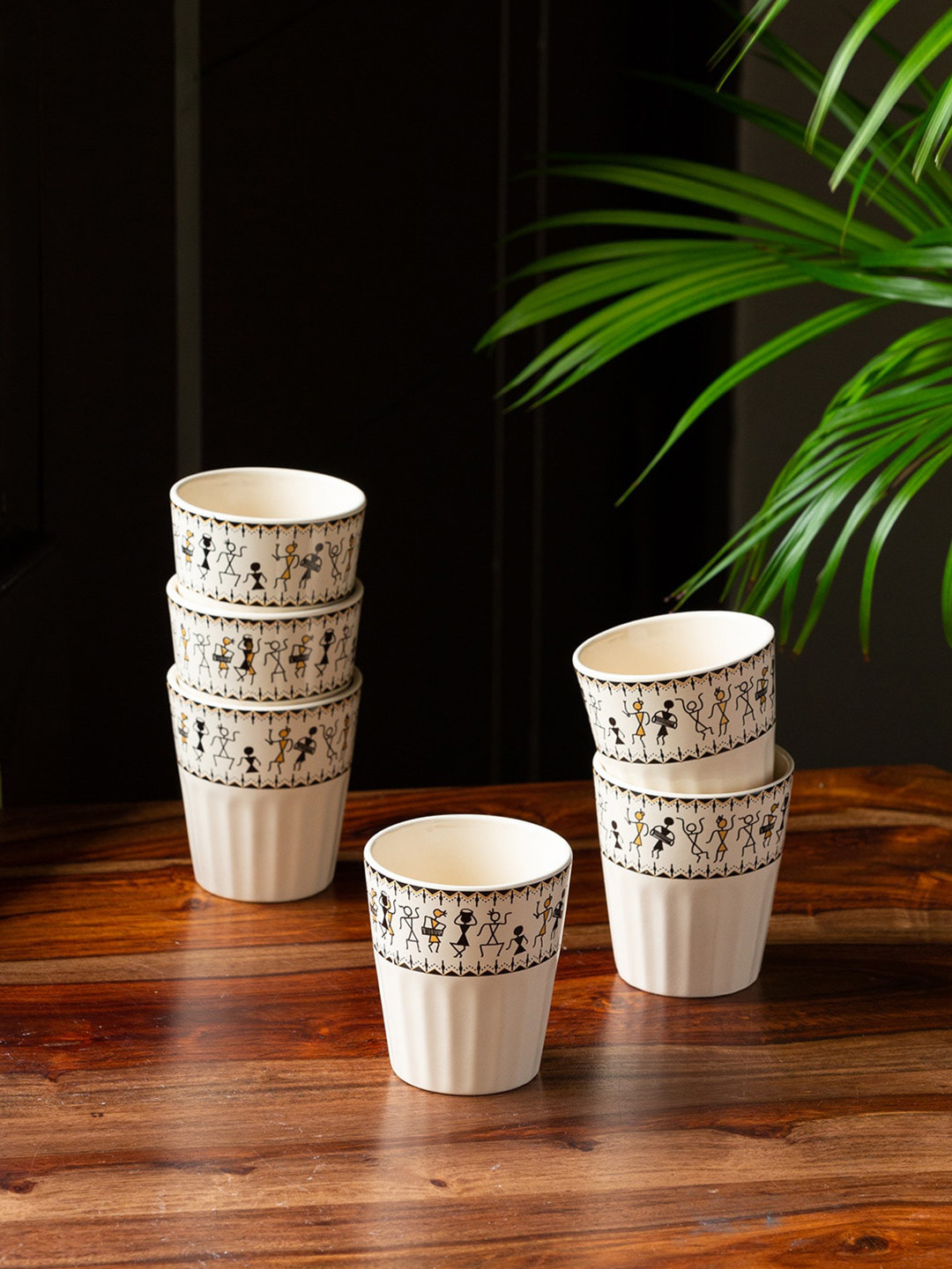 ExclusiveLane White Ethnic Motifs Ceramic Handmade 6 Piece Kulhad-160ml