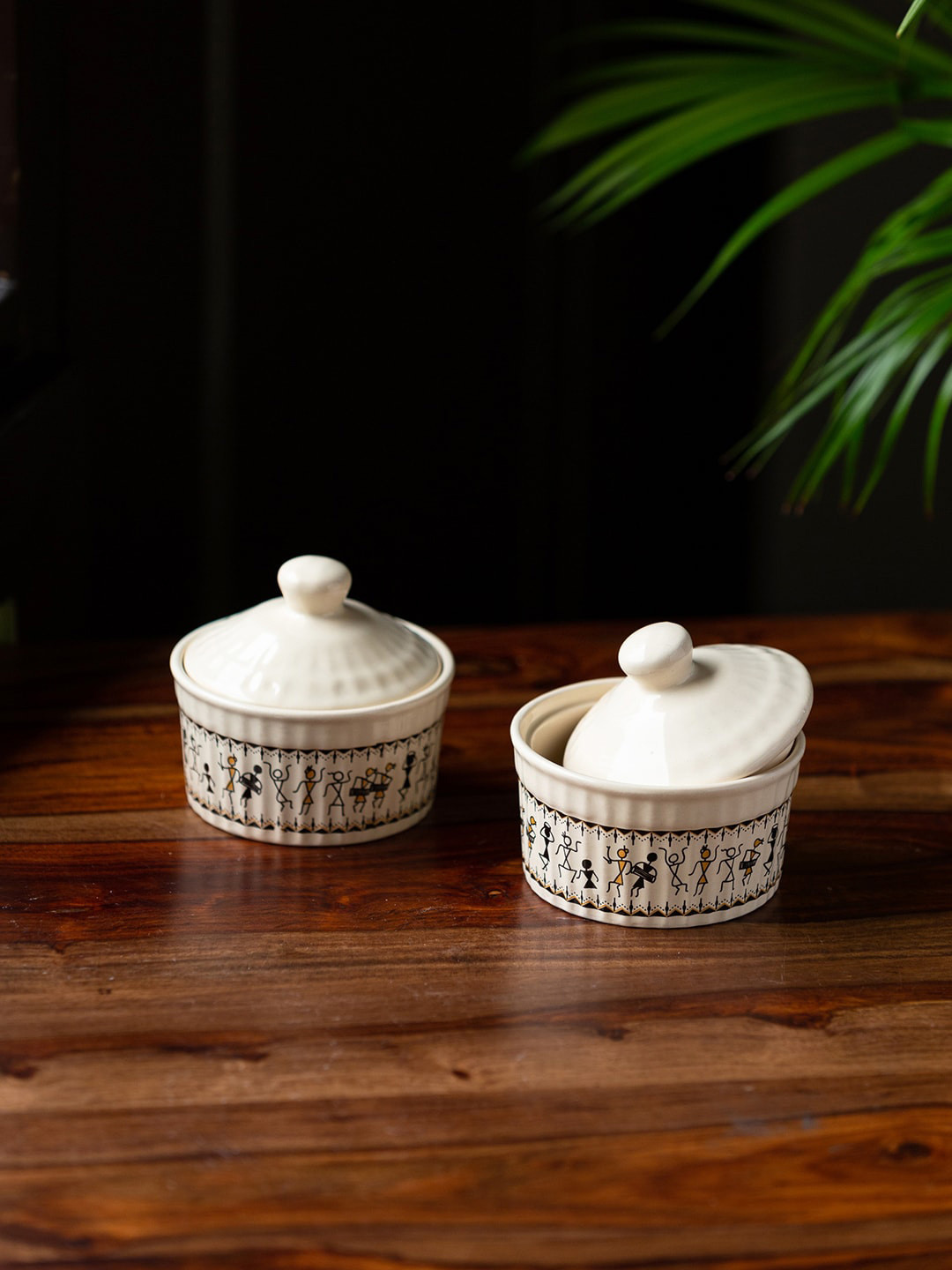 ExclusiveLane  Whispers of Warli Set Of 2 Off White Handcrafted Ceramic Pickle Holders