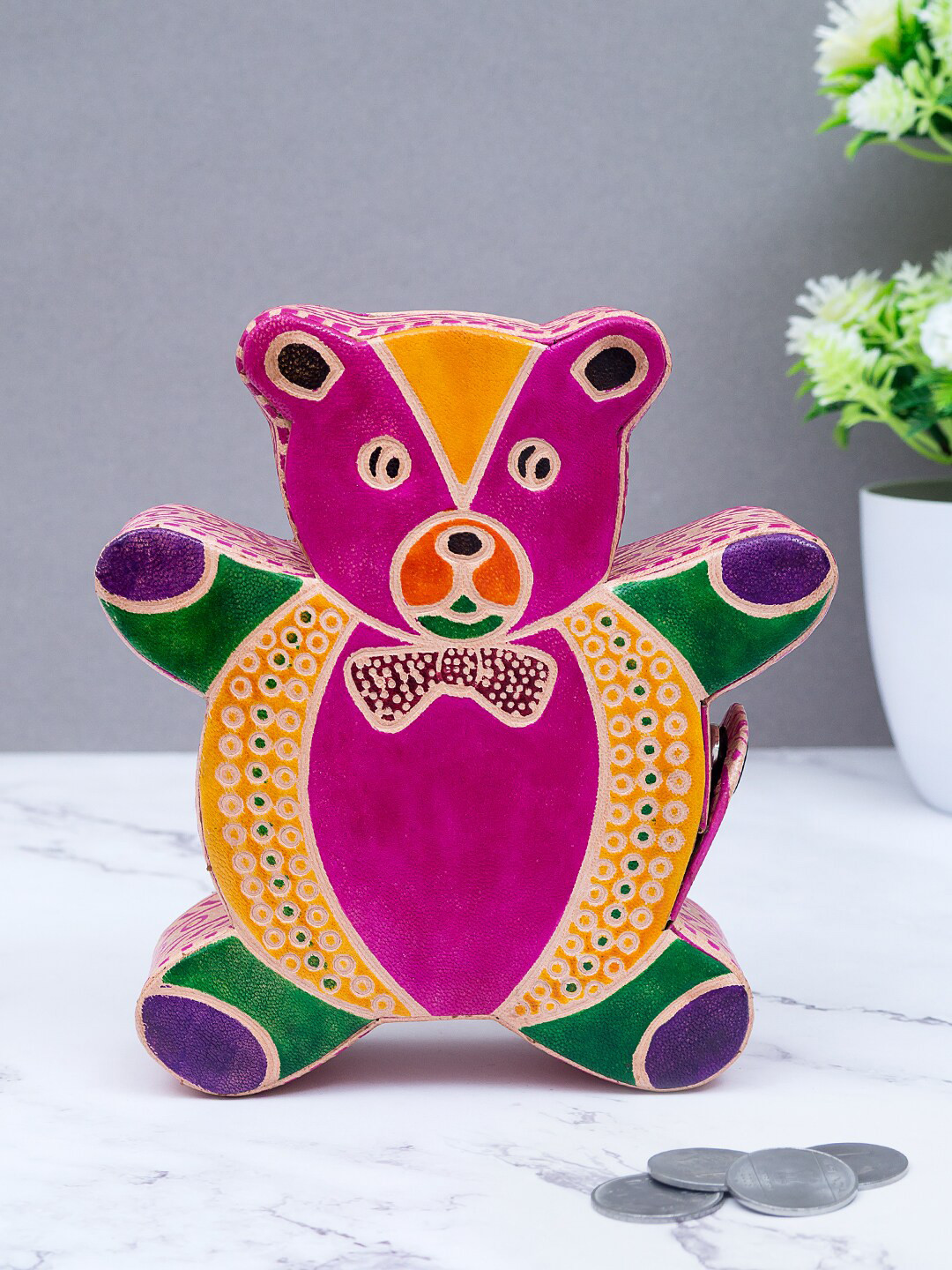 Golden Peacock Teddy Bear Coin Box Magenta Leather Natural Living Room Small Showpiece - 5.5 Inches