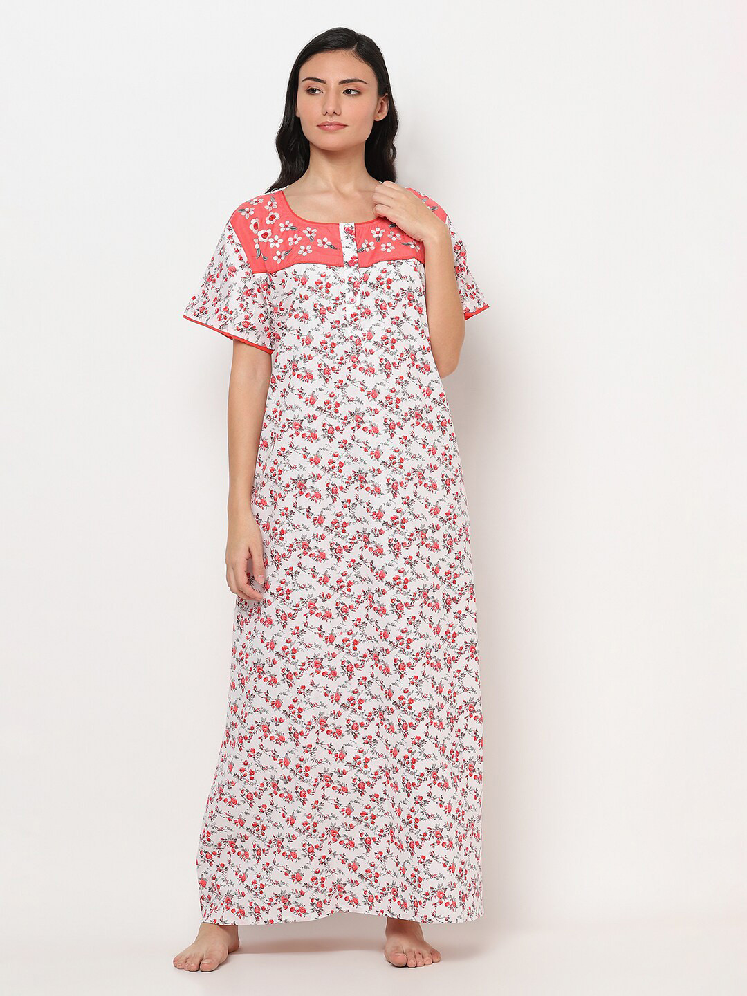 TRUNDZ White Printed Maxi Nightdress