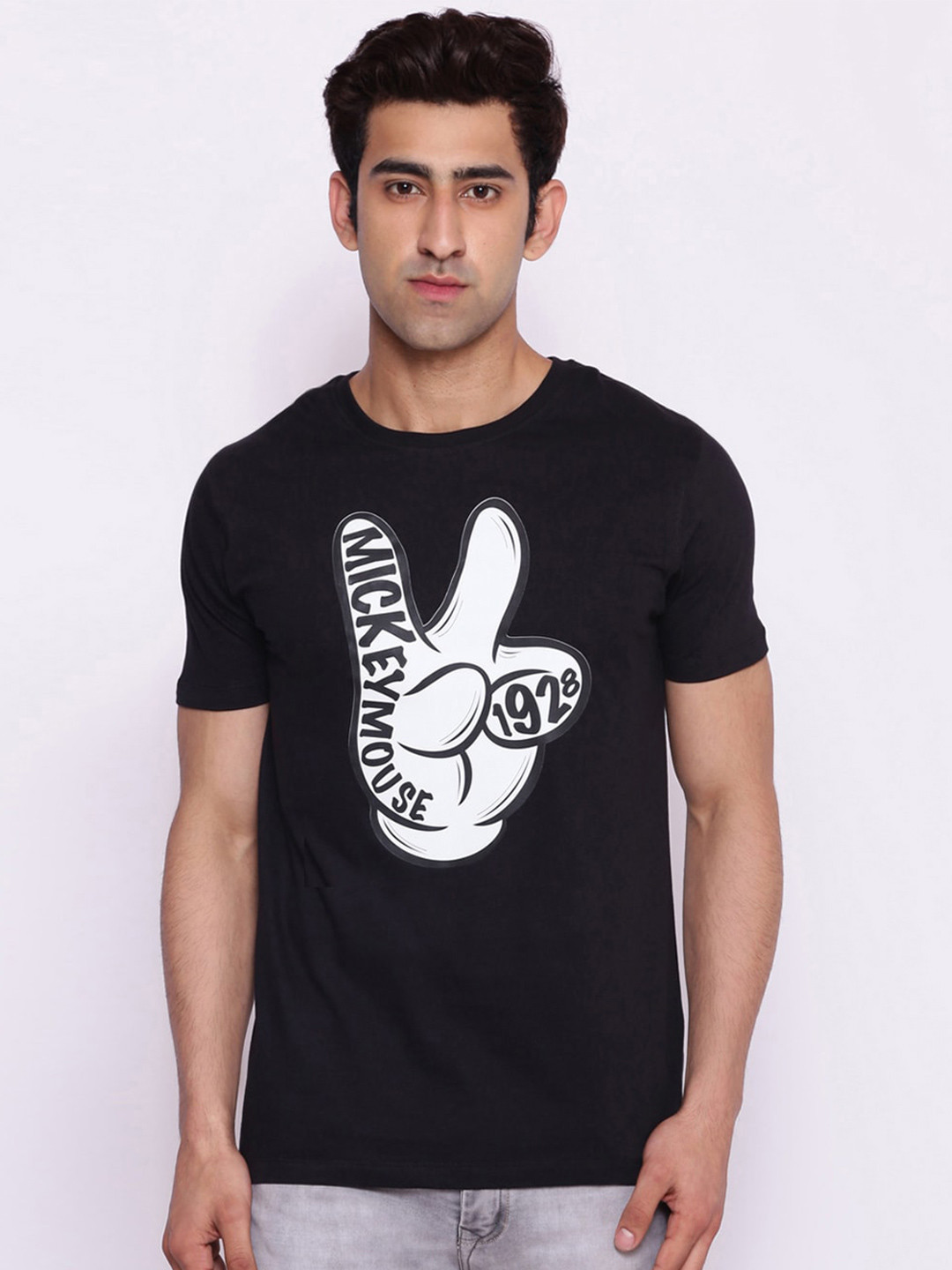 Disney by Wear Your Mind Men Black  White Mickey Mouse Printed Pure Cotton T-shirt