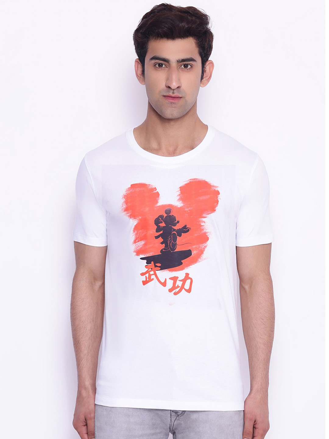 Disney by Wear Your Mind Men White  Red Mickey Mouse Printed Pure Cotton T-shirt