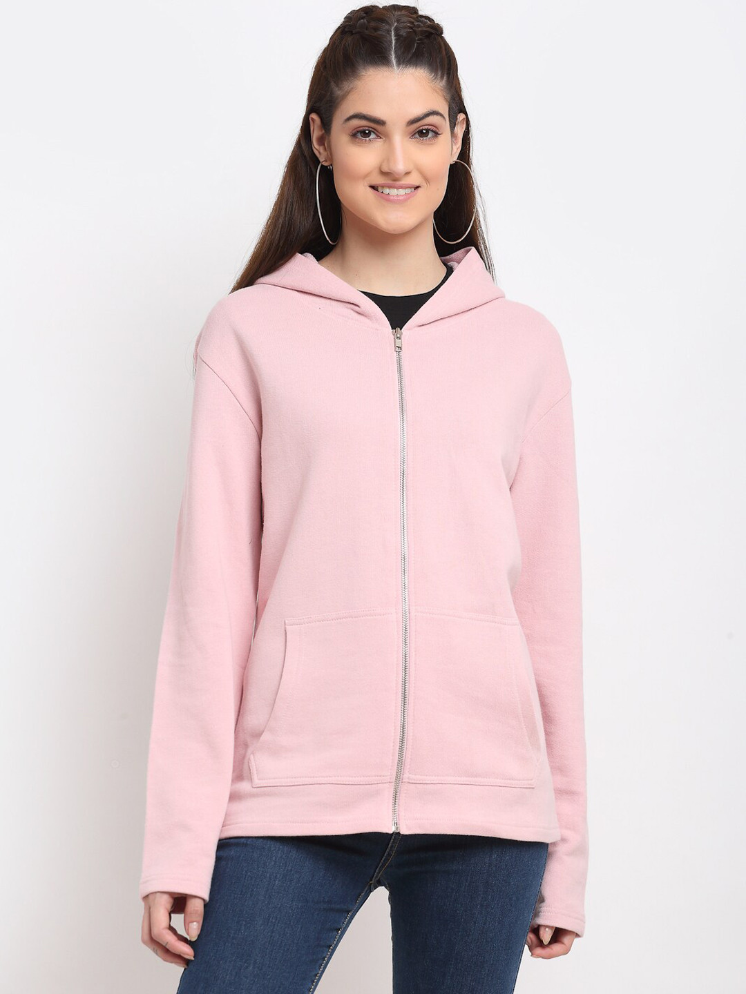DOOR74 Women Pink Hooded Sweatshirt