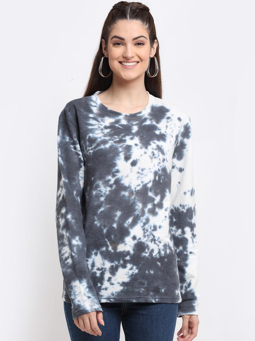 DOOR74 Women Grey Printed Tie& Dye Sweatshirt