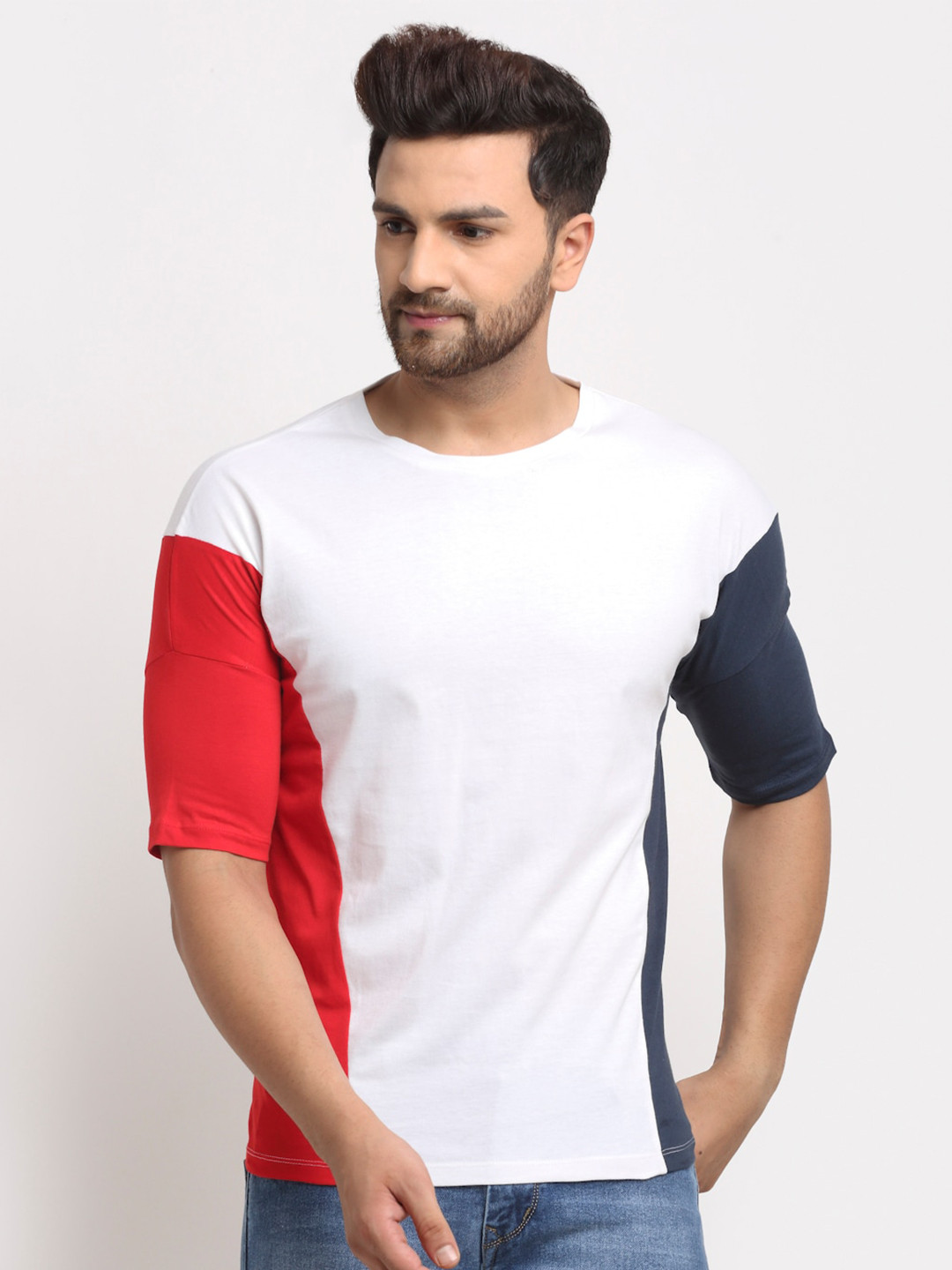 DOOR74 Men White & Red Colourblocked Cotton Boxy T-shirt
