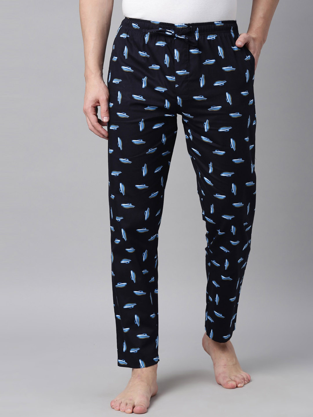 Joven Men Navy Blue & Blue Printed Cotton Lounge Pants