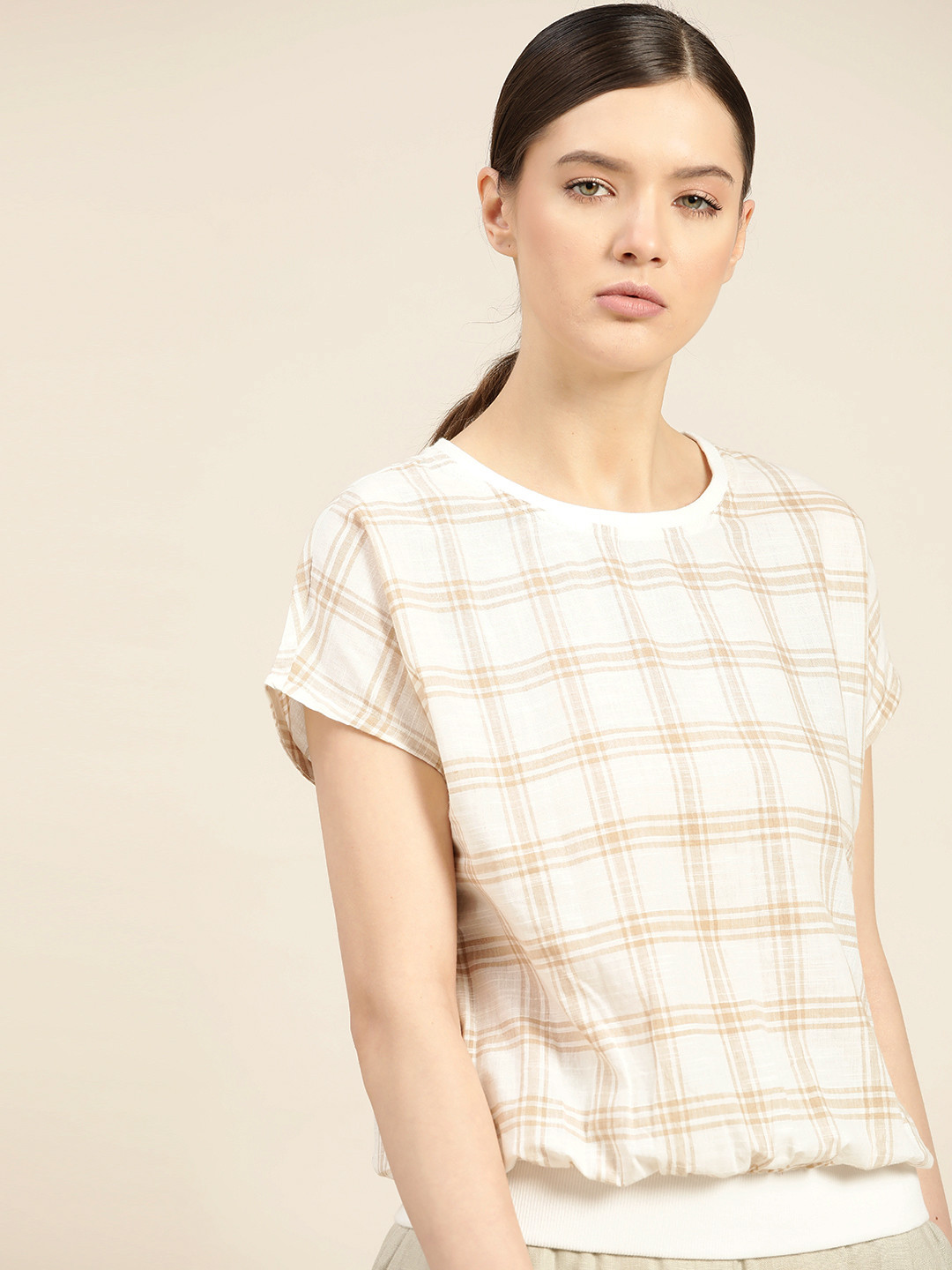 ether Kora Collection Women Off White Handloom Unbleached Fabric Blouson Top