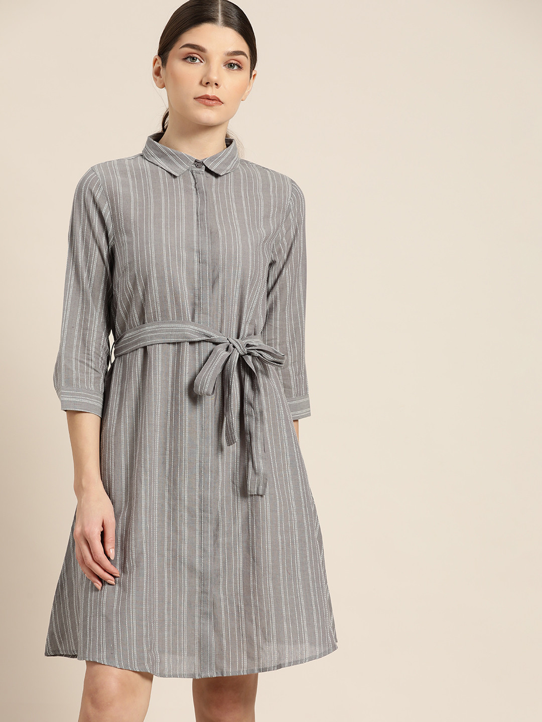 ether Kora Collection Women Grey Sustainable Unbleached Fabric Cotton Striped A-Line Dress