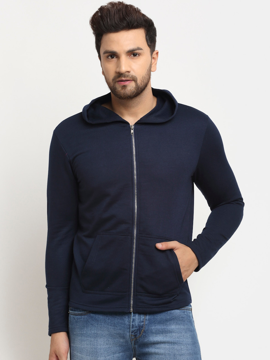 DOOR74 Men Navy Blue Hooded Sweatshirt