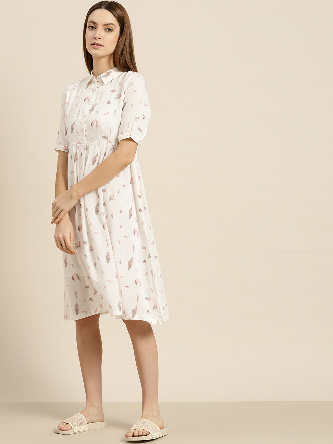 ether White and Pink Printed Shirt Dress