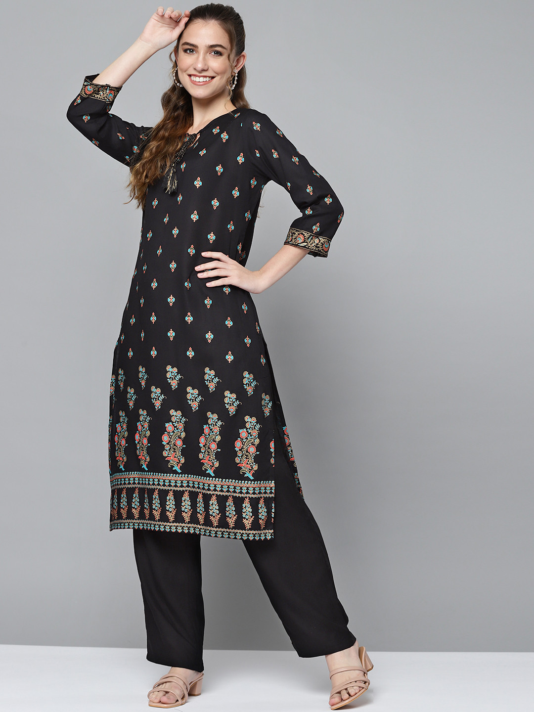 HERE&NOW Women Black Ethnic Motifs Printed Regular Kurta with Palazzo