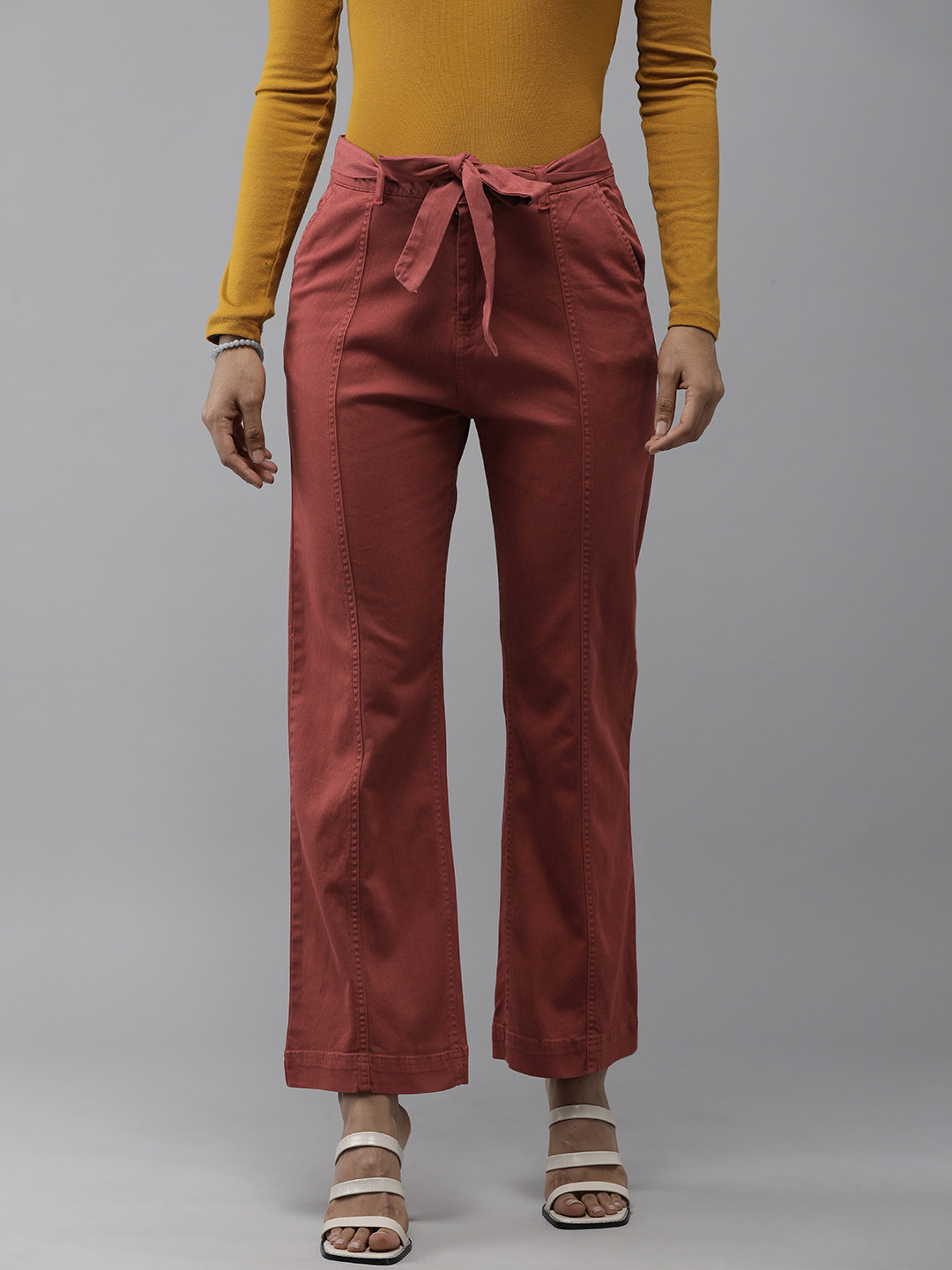 The Roadster Lifestyle Co Women Red Straight Fit High-Rise Peg Trousers