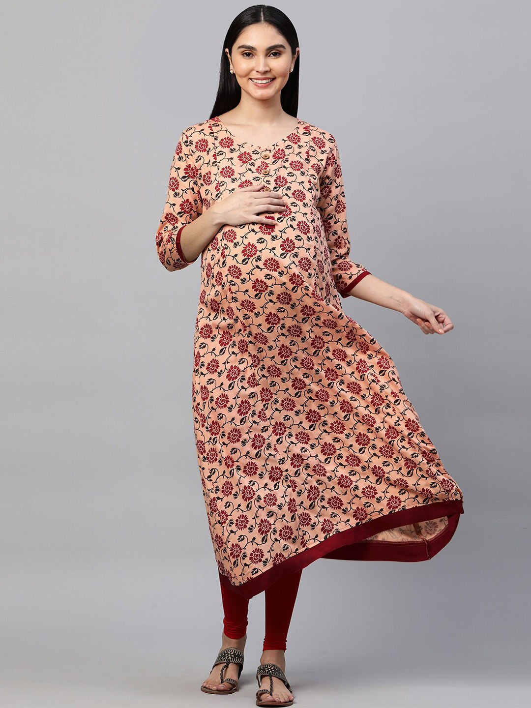 MomToBe Women Peach Multicoloured Floral Printed Maternity Nursing Rayon Kurta