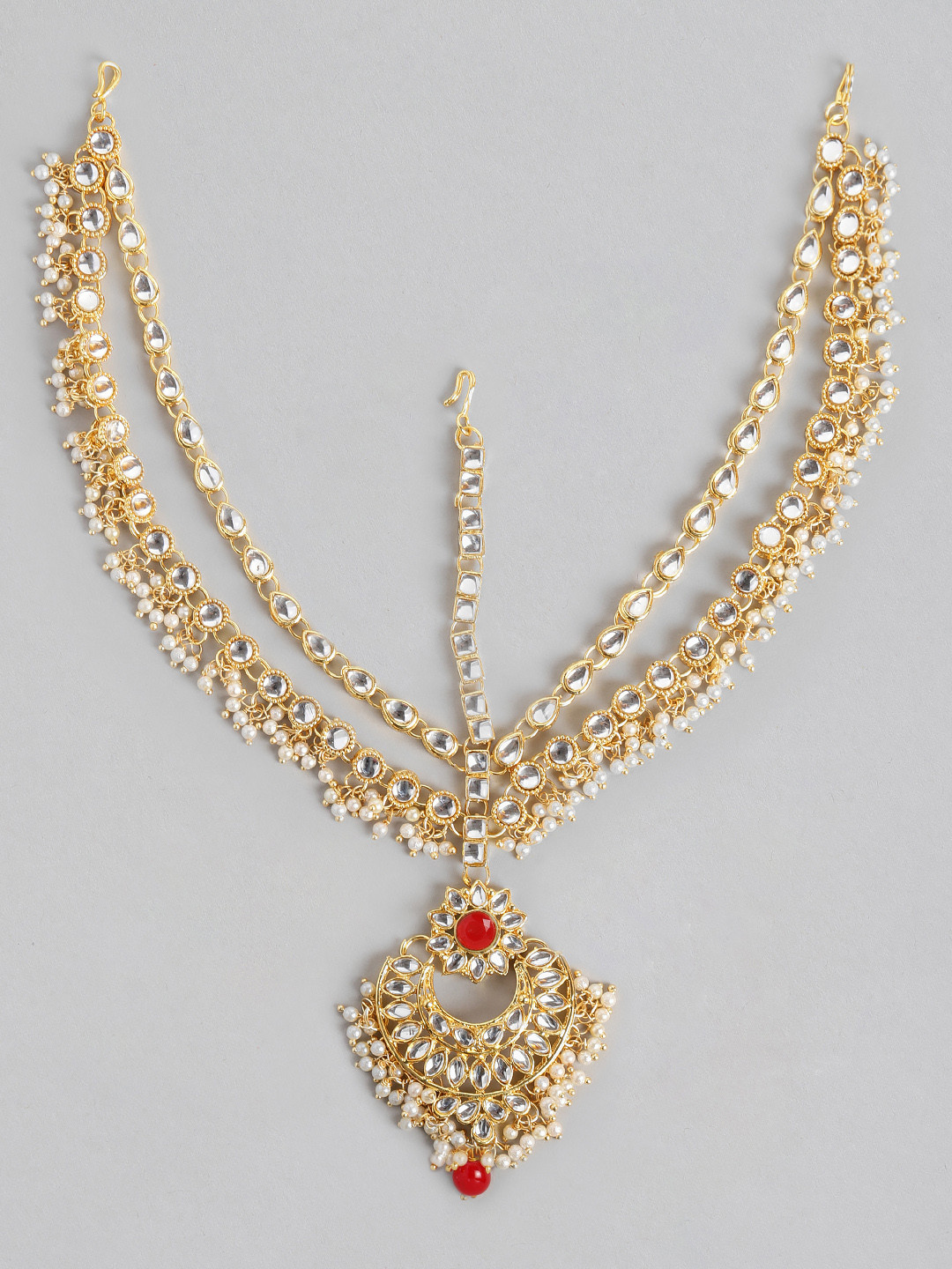 I Jewels Women Gold-Plated & Maroon Kundan Studded Bridal Matha Patti