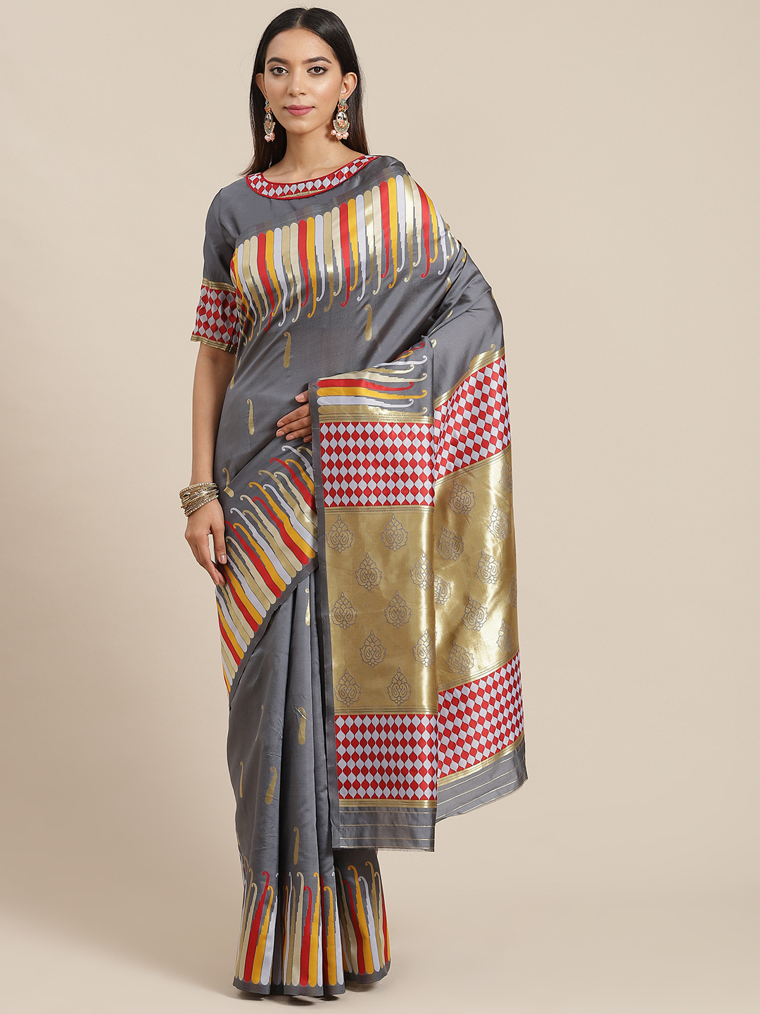 RAJGRANTH Grey Ethnic Motifs Ready to Wear Banarasi Saree