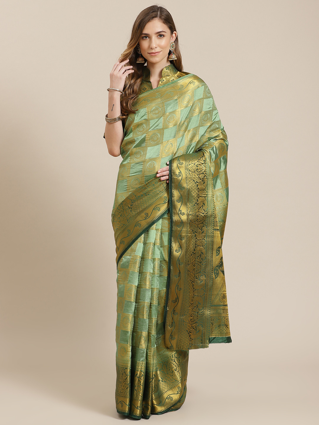Mitera Green Jacquard & Zari Embroidered Banarasi Saree