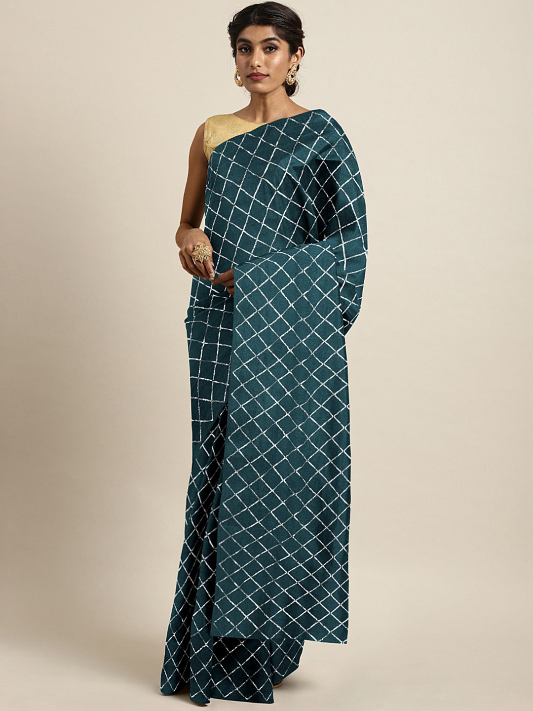 KALINI Teal Blue Checked Sequinned Dora Silk Saree