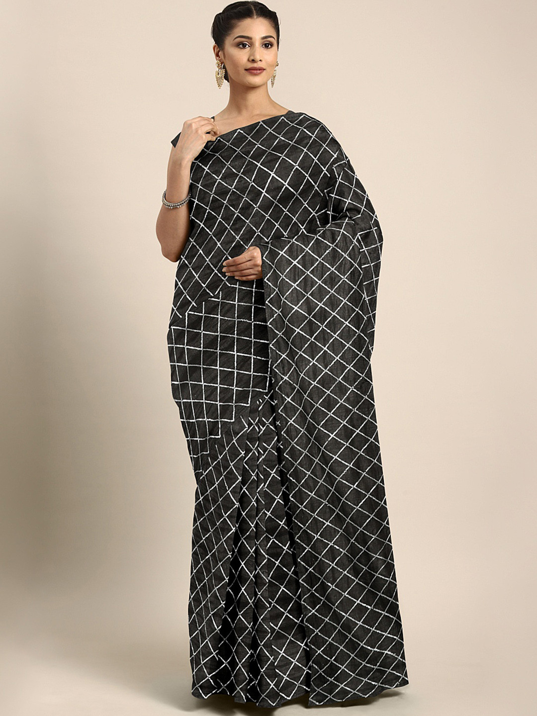 KALINI Black Checked Sequinned Dora Silk Saree