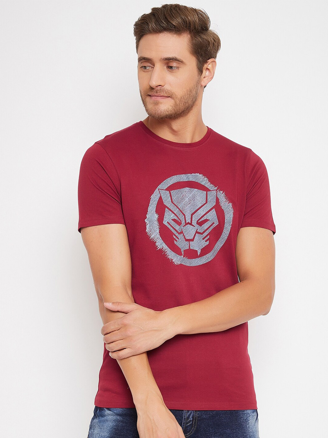 Marvel by Wear Your Mind Men Maroon  Grey Black Panther Printed Pure Cotton T-shirt