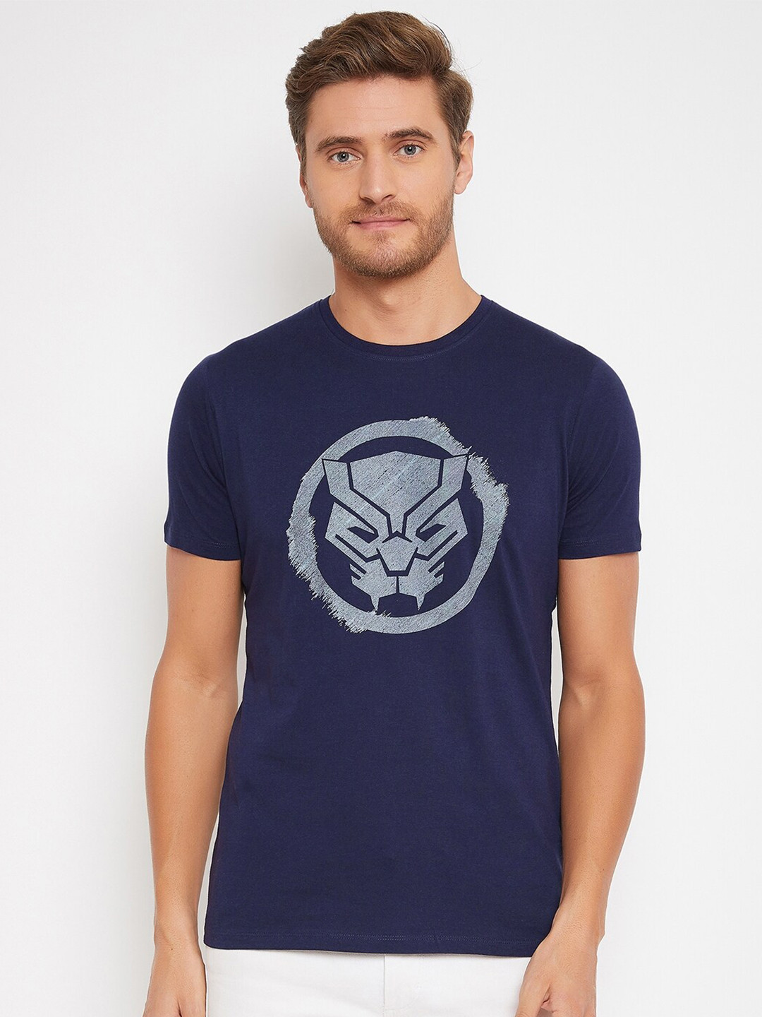 Marvel by Wear Your Mind Men Navy Blue  Grey Black Panther Printed Pure Cotton T-shirt