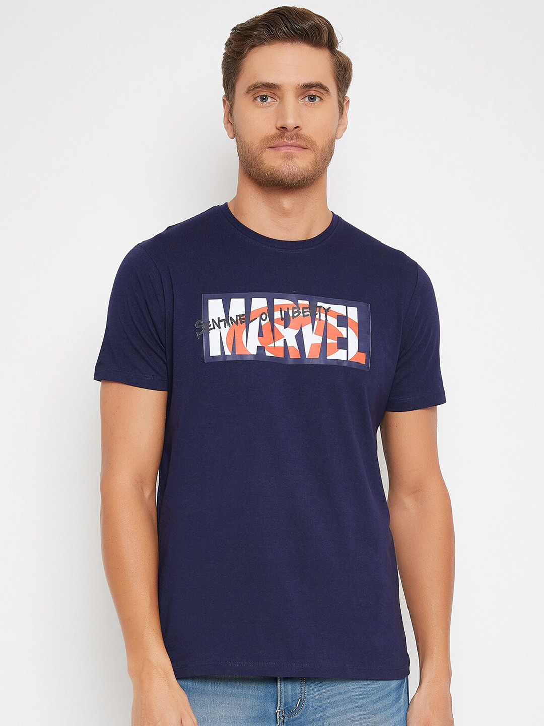 Marvel by Wear Your Mind Men Navy Blue  White Marvel Printed Pure Cotton T-shirt