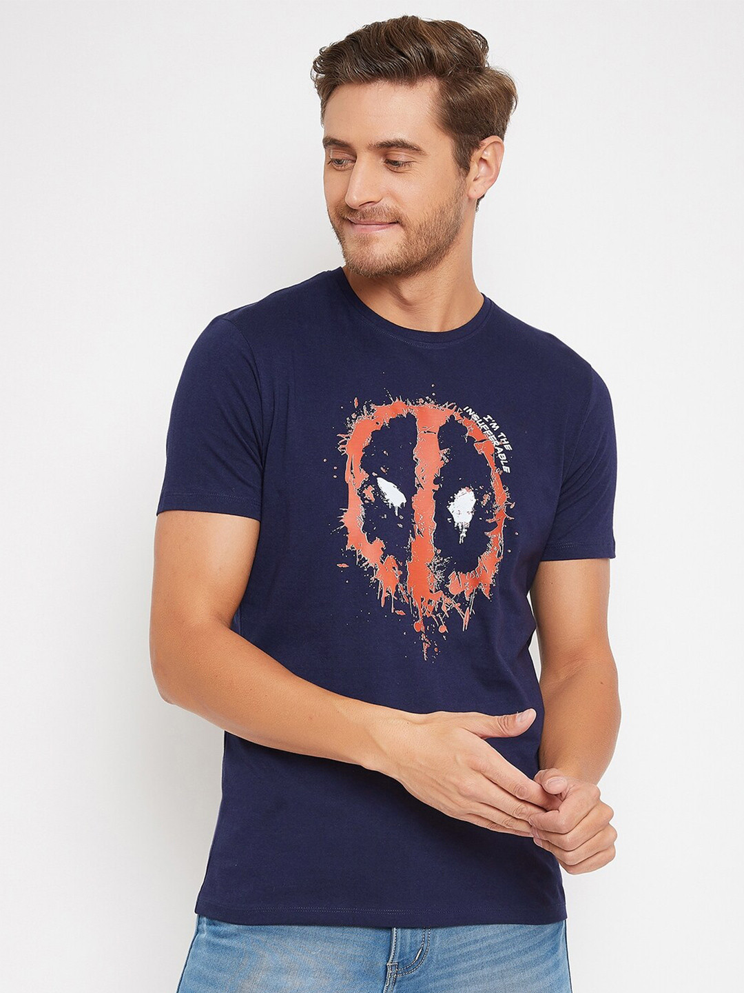 Marvel by Wear Your Mind Men Navy Blue  Red Deadpool Printed Pure Cotton T-shirt