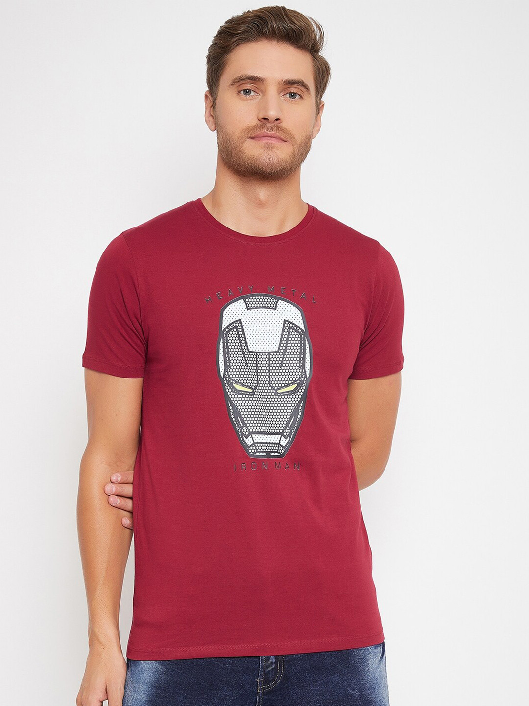 Marvel by Wear Your Mind Men Maroon  Black Iron Man Printed Pure Cotton T-shirt