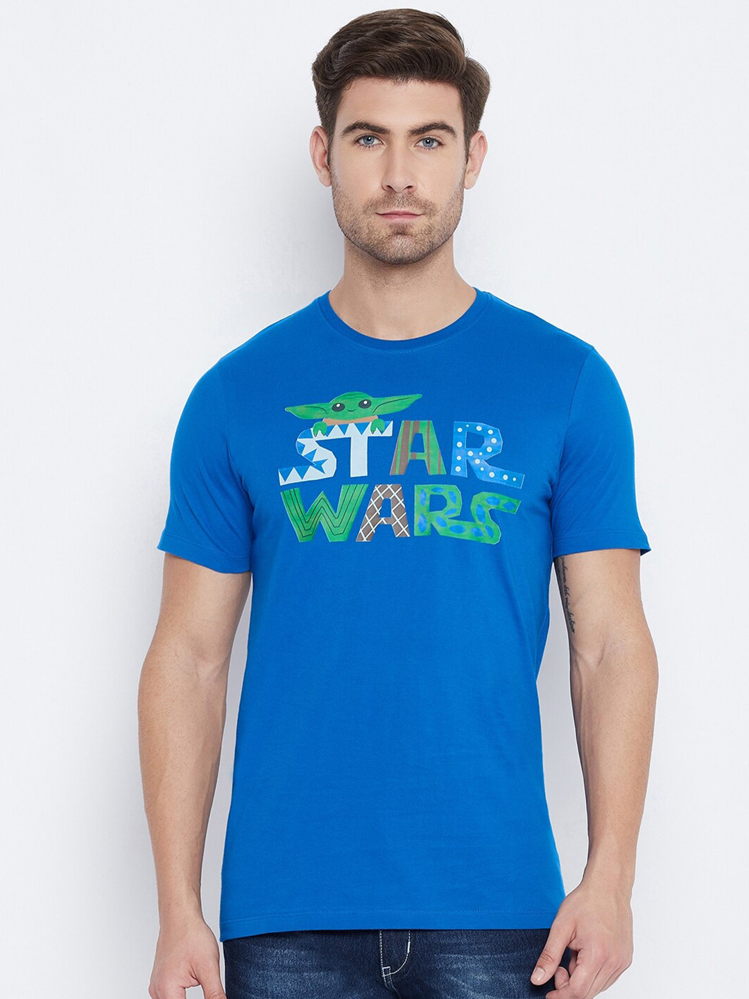 Star Wars by Wear Your Mind Men Blue  Green Star Wars Printed Pure Cotton T-shirt