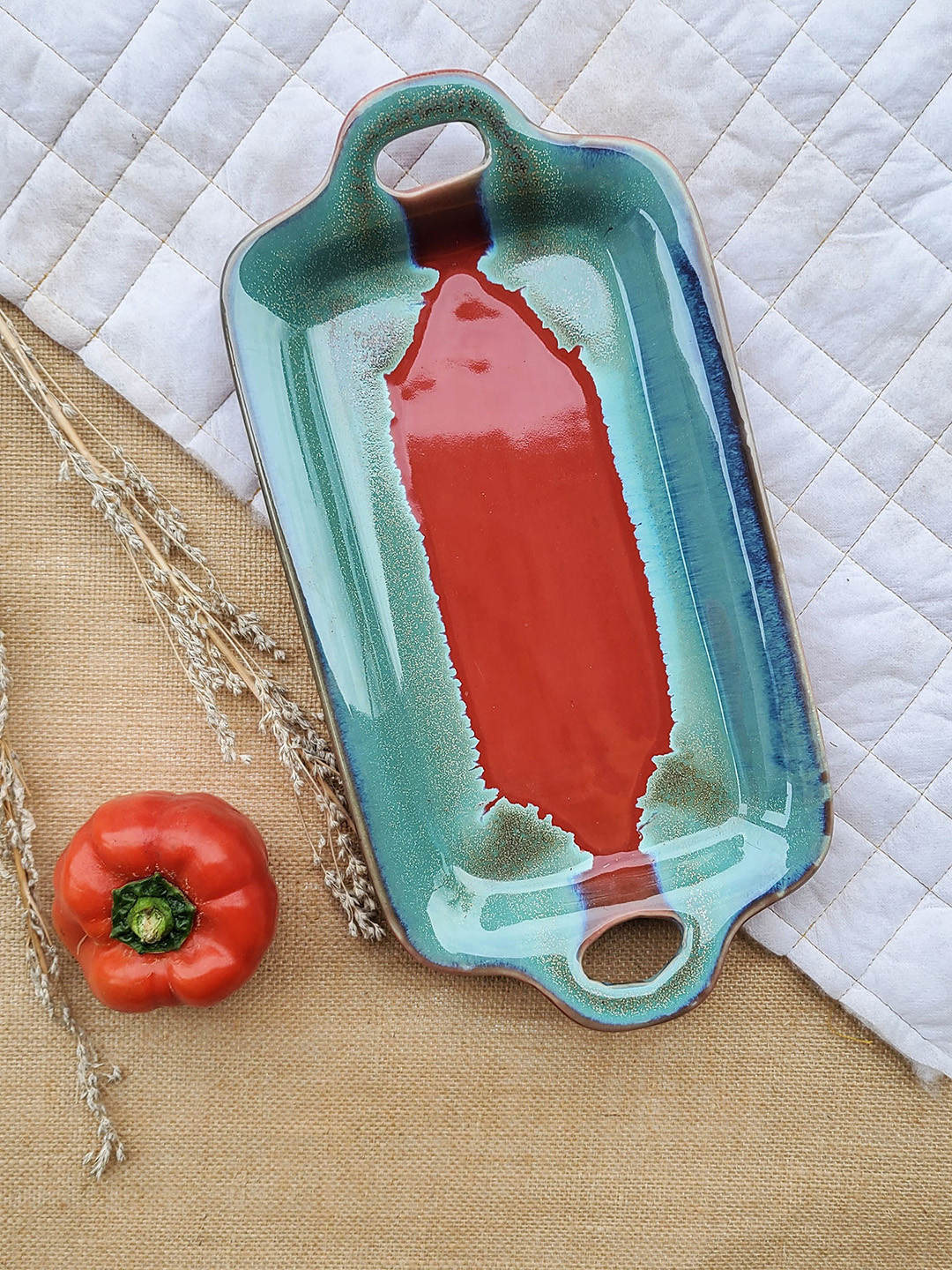 Folkstorys Blue & Red Ceramic Cardinal Platter Tray