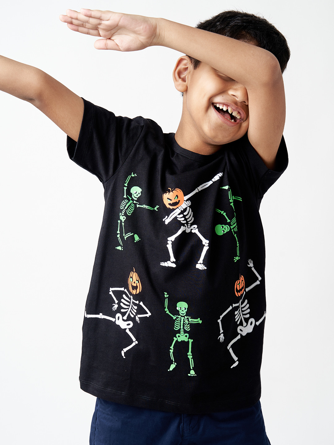 LAdore Unisex Kids Black Skeleton Pumpkin Printed Pure Cotton T-shirt