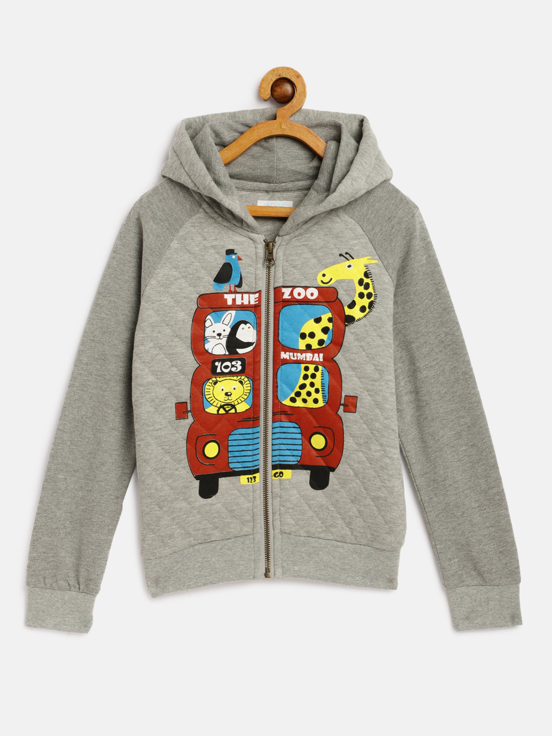 LAdore Unisex Kids Grey Animal Graphics Printed Front-Open with Zip Detail
