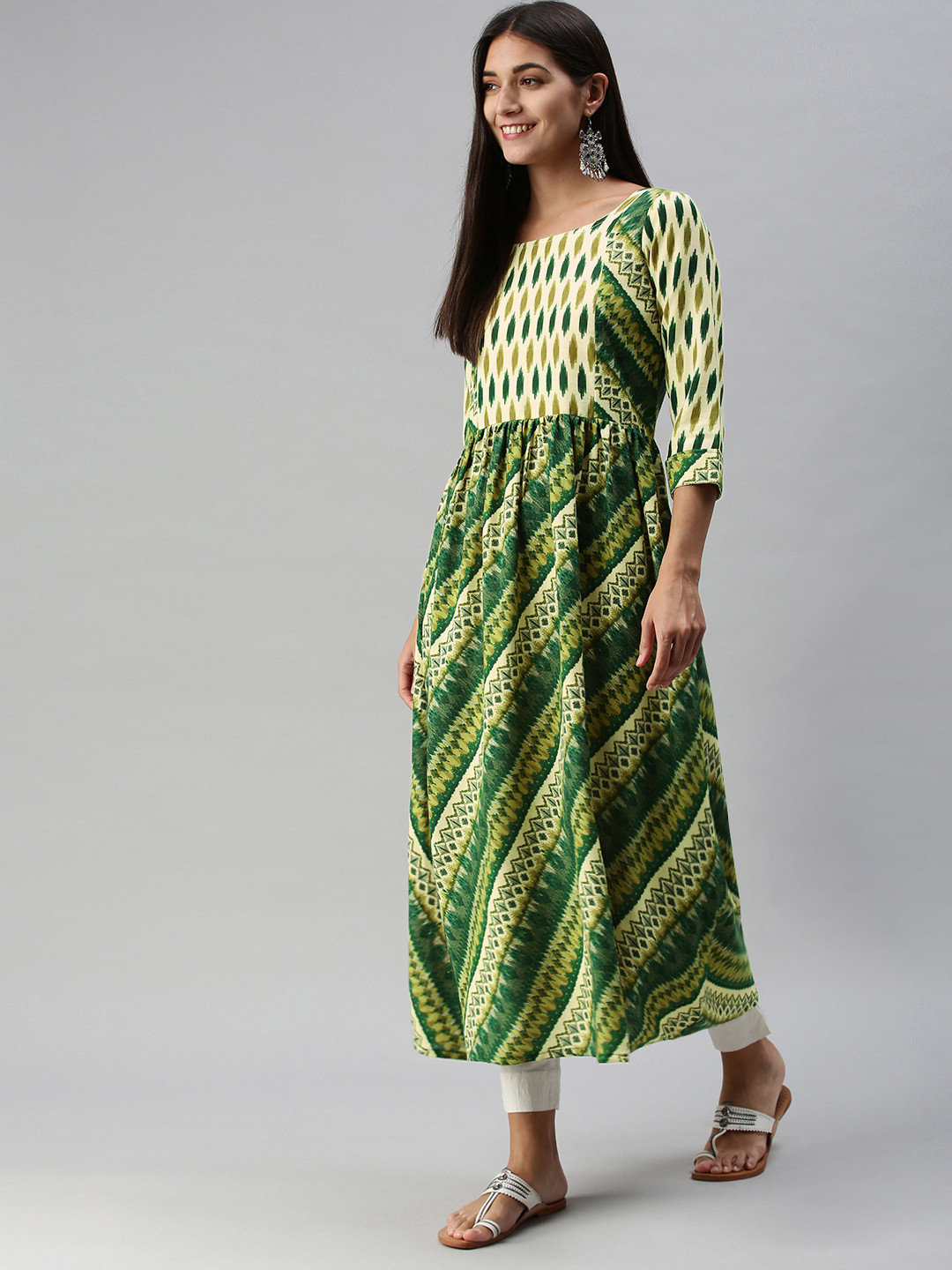 SheWill Women Green & Beige Printed Anarkali Kurta