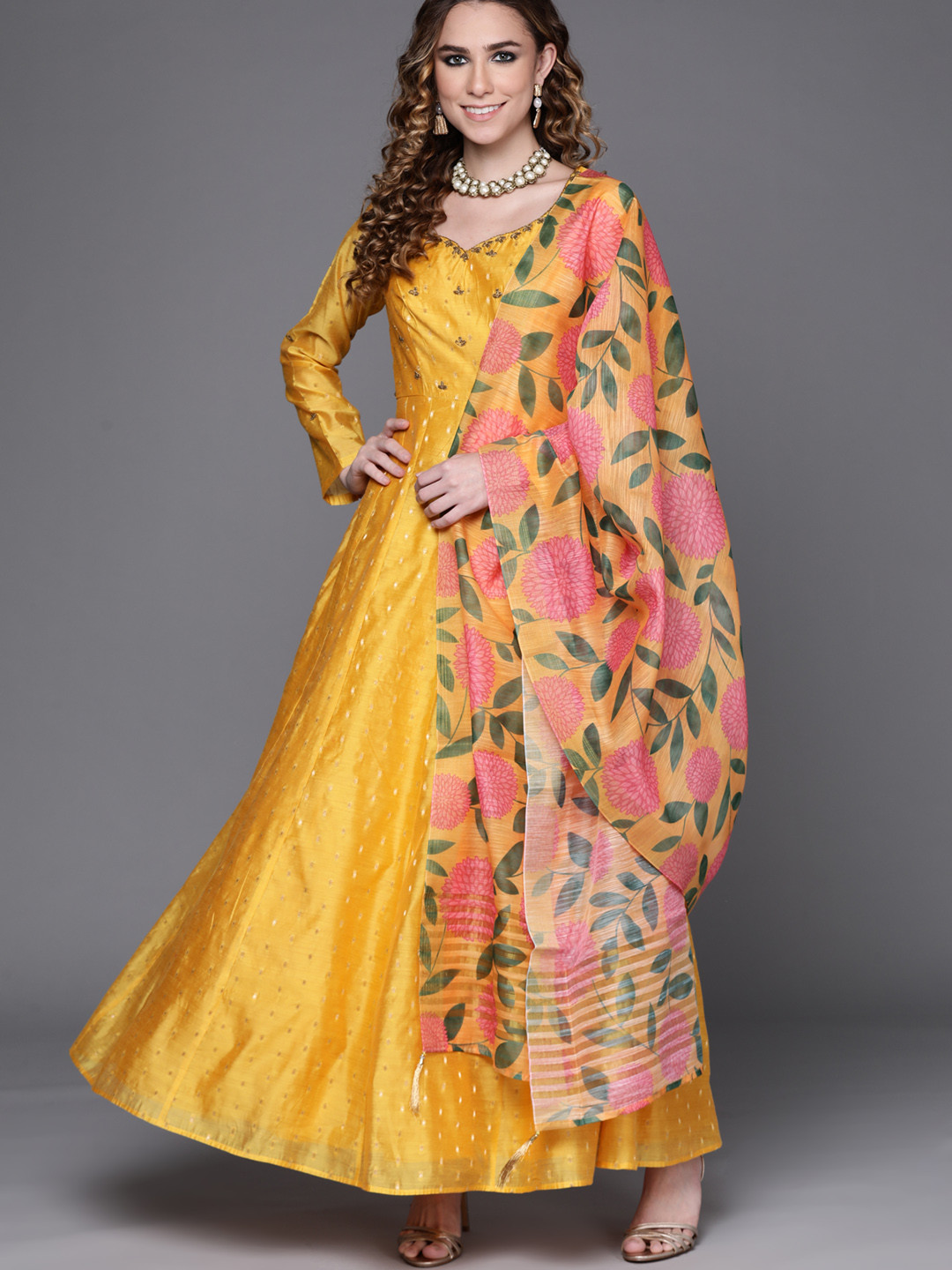 Women Yellow Yoke Design Anarkali Kurta with Floral Printed Dupatta